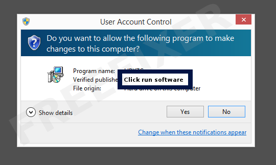 Screenshot where Click run software appears as the verified publisher in the UAC dialog